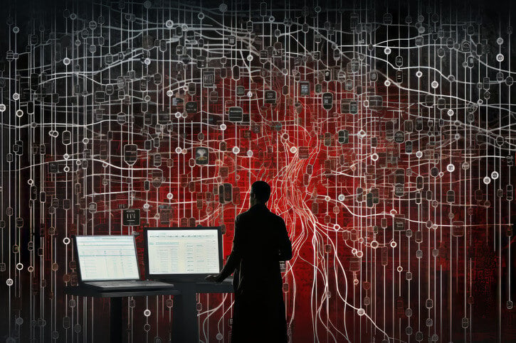 Futuristic business scene with man standing in front of an abstract network courtesy of Freepix